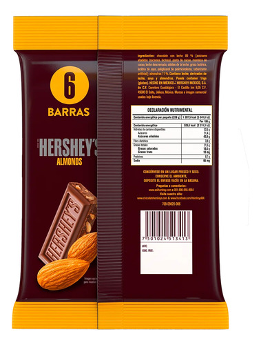 Hershey's Almonds Chocolate Leche Y Almendras Pack 6pz 27gr
