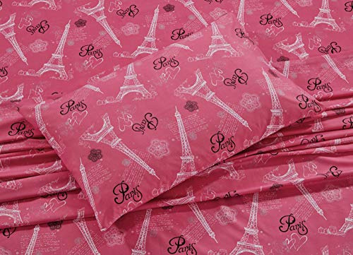 Juego De Sábanas Niñas Torre Eiffel Corazones Flores Rosa
