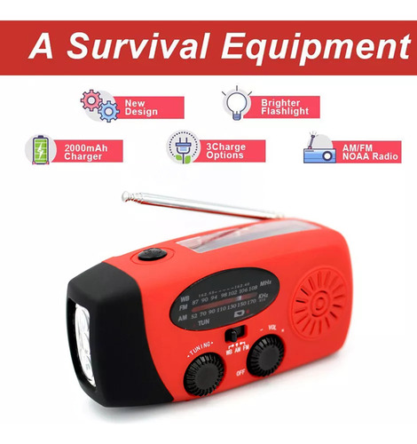 Manivela Portátil De Mão 2000mah Fm Am Wb Noaa Radio Solar R
