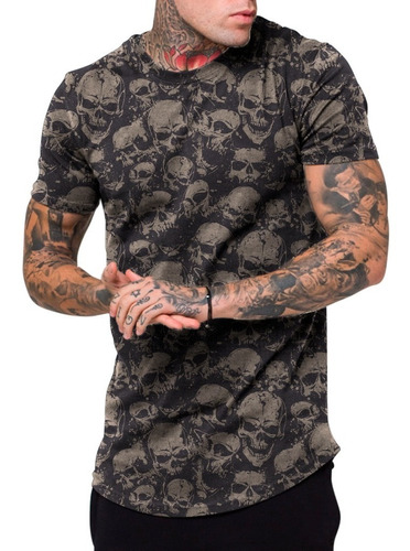 Camiseta Blusa Long Line Oversized Caveira Floral Roses Swag