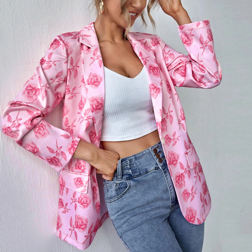 Casaco Feminino R, Casaco Casual Com Estampa De Flores, Botã