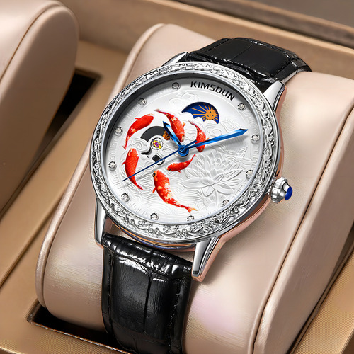 Reloj Mecánico Kimsdun Fashion Moon Phase Fondo Negro/blanco