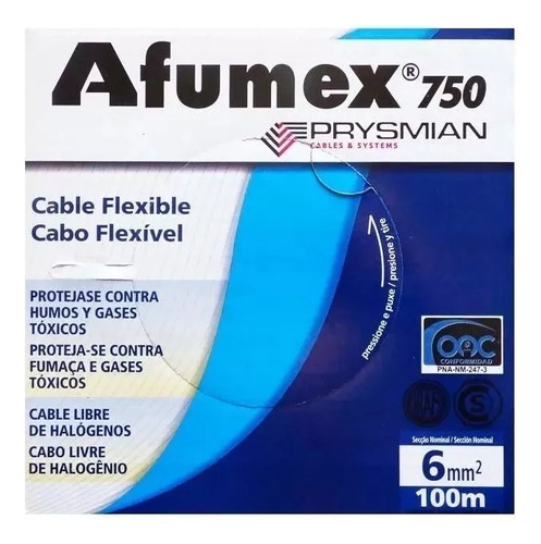 Cable Unipolar 6mm Afumex 750 Prysmian Rollo X 100mts E.a