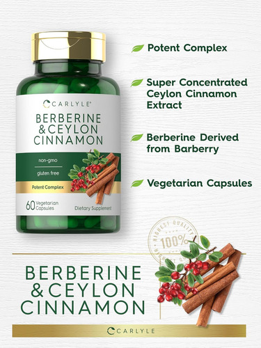 Suplemento Carlyle Berberine y canela de Ceilán, 2000 mg, 60 cápsulas