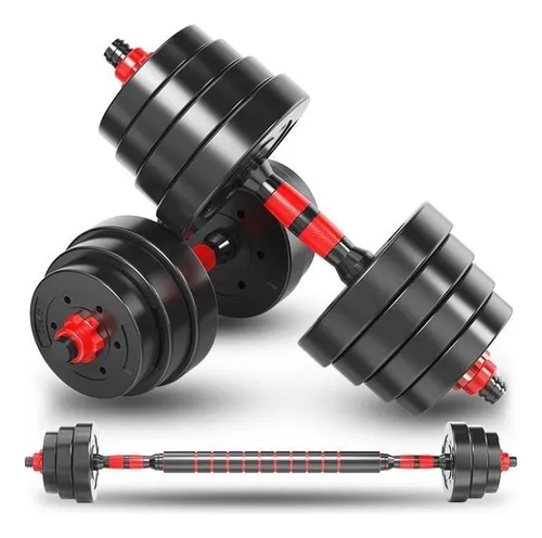 Mancuernas Ajustables 20 kg Total Set 2en1 Fitnics + Barra - Rojo