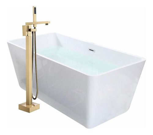 Solana Kit Tina De Baño Blanca Rectangular De Acrílico Slim 170x80x60 Cm + Grifo Independiente Monomando Gold / Kit De Lujo Bañera Con Acrílico Con Alto Brillo Para Cuarto De Baño