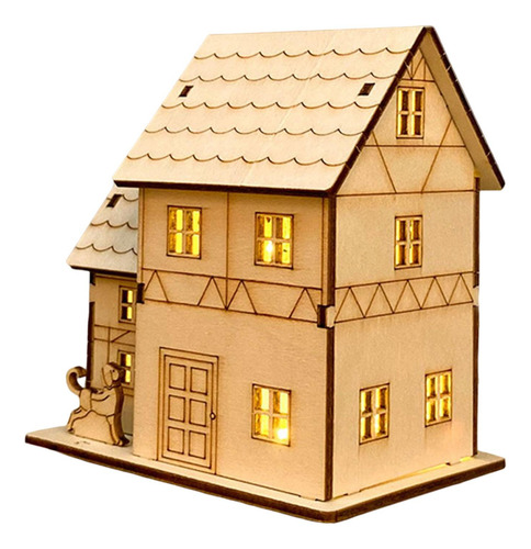 Escultura De Casa De Madera Sin Pintar Estiloe 11x7.8x11.6cm