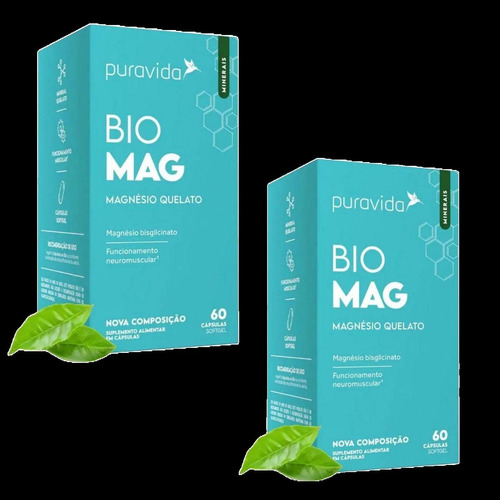 Pura Vida 2 unidades de Biomag Magnesio Bisciglinato Quelato Puravida 60 Cápsulas Sabor Sem Sabor