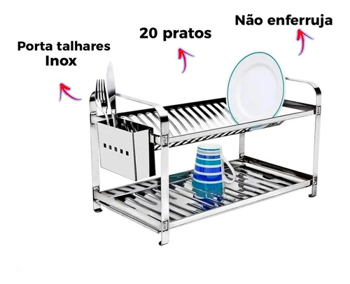 Imagem 5 de 5 de Escorredor De Aço Inox 20 Pratos Com Porta Talheres Inox
