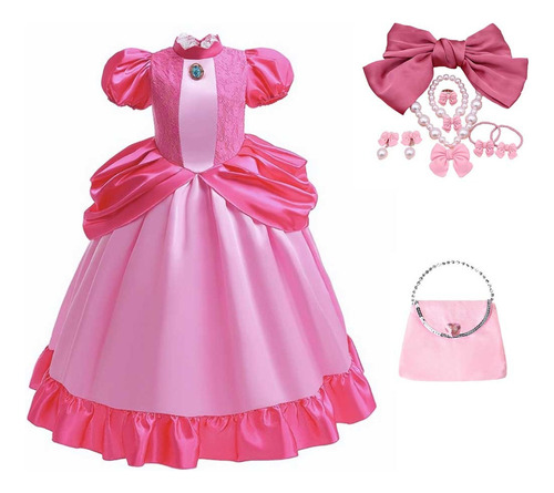 Halloween Super Mario Peach Princesa Disfraz De Cosplay Para Niños,vestido De Manga Burbuja Rosa+accesorios 0