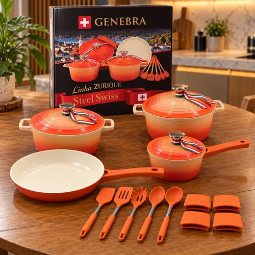 Jogo Panelas  Genebra Cerâmica Antiaderente 16 Peças Indução Laranja-claro