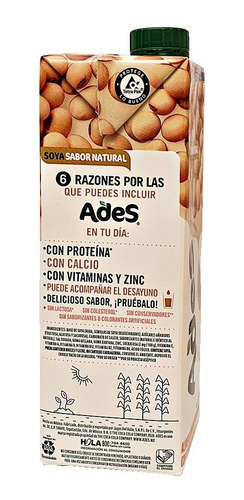 Imagen 3 de 3 de Leche De Soya Ades Sabor Natural Líquida 2 Piezas Litro