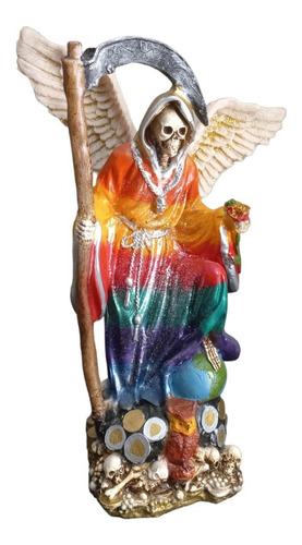 Santa Muerte Con Alas Parada Sobre Mundo 40 Cm Resina 