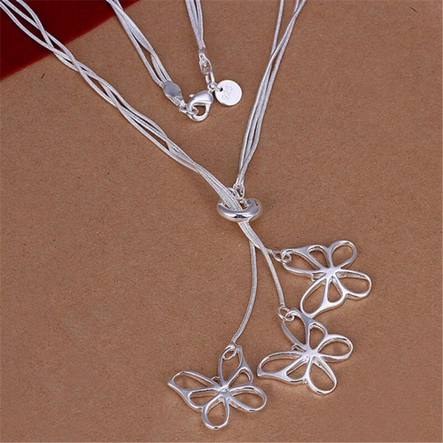 Collar Tres Cadenas De Serpientes Dije De Mariposas - Plata