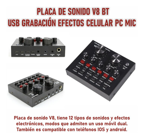  Placa De Sonido V8 Bt Usb Grabacion Efectos Celular Pc Mic