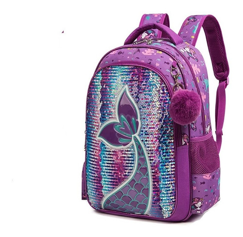 Mochila Escolar Con Lentejuelas Cola Sirena Morado 