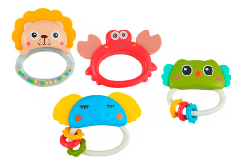 Set X4 Sonajeros Mordillos Para Bebes Pixel Baby Color Multicolor Diseño Animales