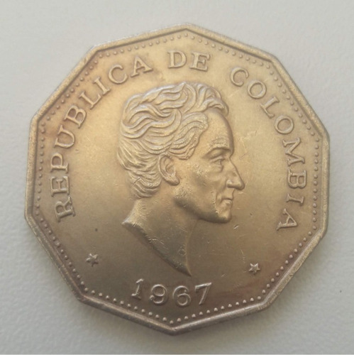 Moneda Decagonal 1 Peso 1967 Cobre-níquel Colombia