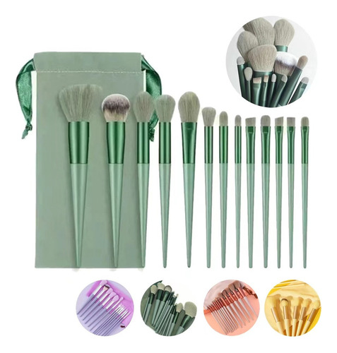 Set Brochas De Maquillaje 13 Pzs Profesional +bolsa Color Verde