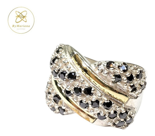 Anillo Plata Y Oro Con Piedras Negras Engarzadas