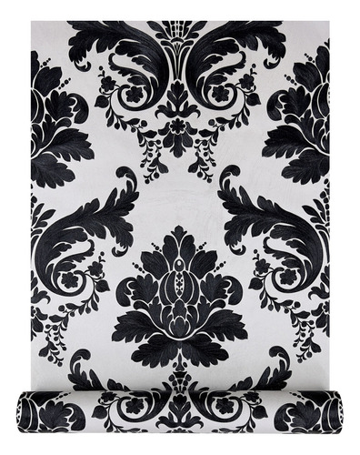 Papel De Parede Rolo Importado Vinílico Damask Preto + Cola