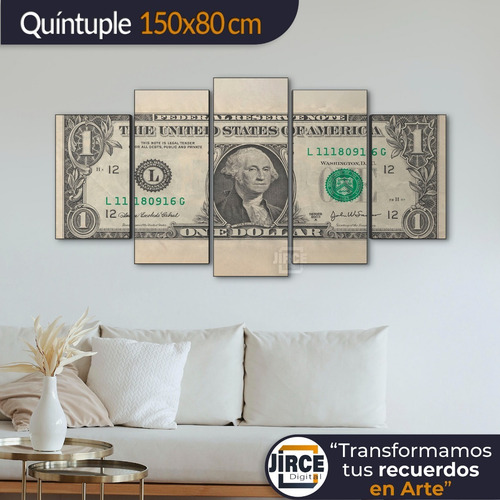 Cuadro Decorativo Moderno Billete Dollar Jd-0335 Xl Quíntuple 150x80 Cm Sin Marco