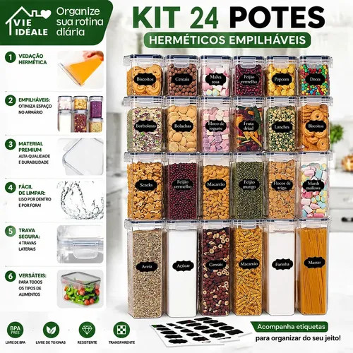 Kit 24 Potes Hermeticos Mantimentos Quadrado Cozinha Tampa Transparente