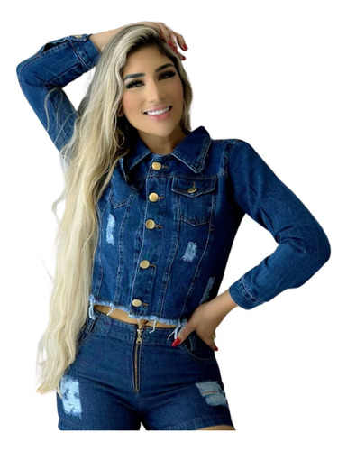 Jaqueta Feminina Jeans Escuro Curta Moda Blogueira