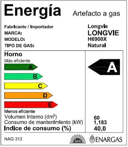 Imagen 2 de 2 de Horno A Gas Touch Longvie H6900x Grill Eléctrico De Empotrar