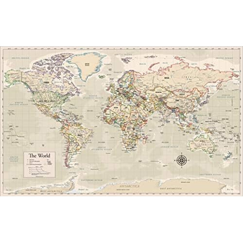 Mapa Mundial Laminado De Estilo Antiguo, 18  X 29 , Map...