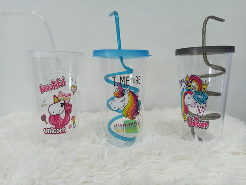 Vasos Con Pitillo Espiral Unicornio 800ml Niña Escolar