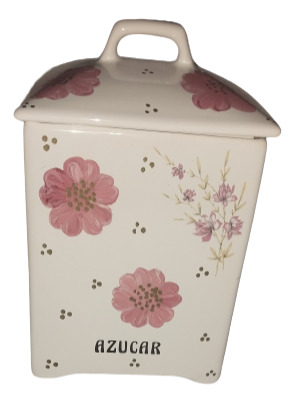 Antiguo Tarro De Azúcar Cerámica Pintado Mano Bellas Flores