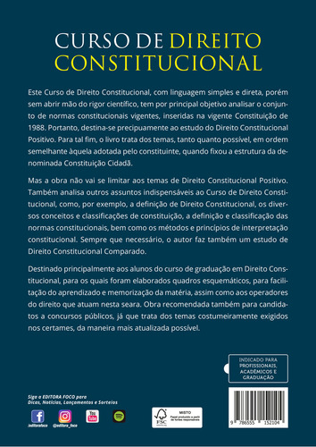 CURSO DE DIREITO CONSTITUCIONAL - 6ª ED - 2021, de Dantas, Paulo Roberto de Figueiredo. Editorial Editora Foco Jurídico Ltda, capa mole em português, 2021