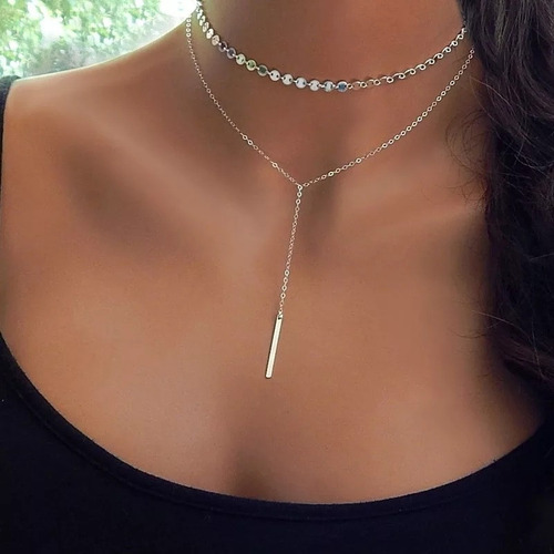 Collar Gargantilla Doble Capa Multi Monedas + Cadena Lisa