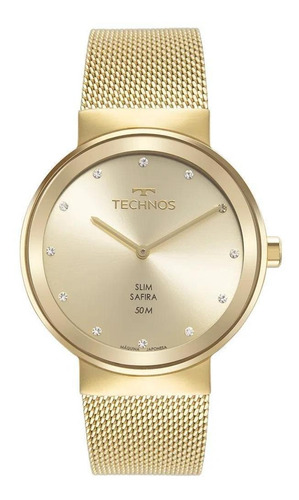 Relogio Technos Feminino Dourado Slim Vidro Safira Pulseira