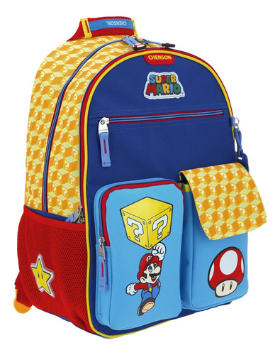 Mochila Super Mario Con Bloque Amarillo Y Hongo Estampado 2 Bolsas Mb66106 Primaria Chenson