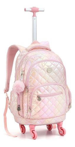 Mochila Rodinha 360º Feminina Juvenil Metalizada Cor Rosa-claro