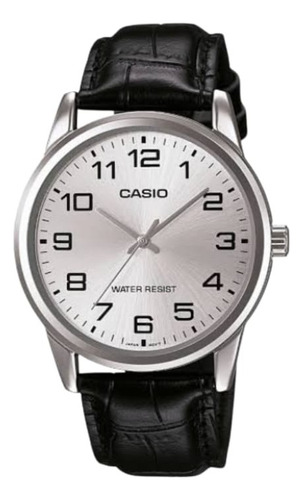 Reloj Casio Hombre Mtp-v001l-7budf Dial Plateado Cuero Negro