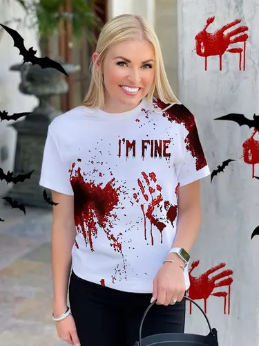 I'm Fine Bloody Shirt Blood Bloodstained Splatter Halloween Tshirt Blood Stain Hand Shirt Sarcastic Humor Saying Tee Shirts A-white Xl