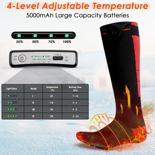 Calcetines Calefacción Eléctrica Recargables 9 Horas Unisex Negro & Rojo Diseño De La Tela Talle