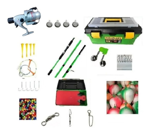 Combo Kit Pesca Reel + Caja Super Completa + Caña 2.10