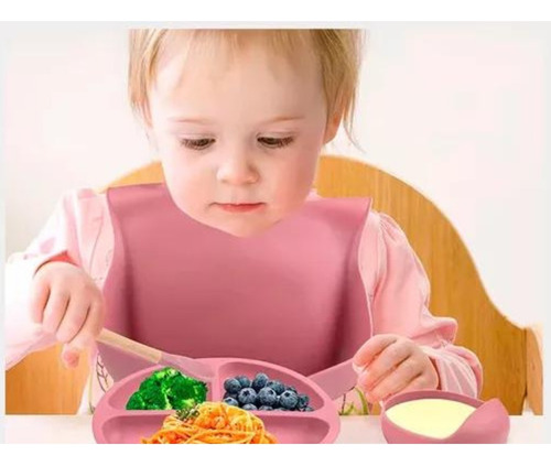 Set Vajilla Bebe En Silicona Kit Alimentacion Plato Babero Color Colores