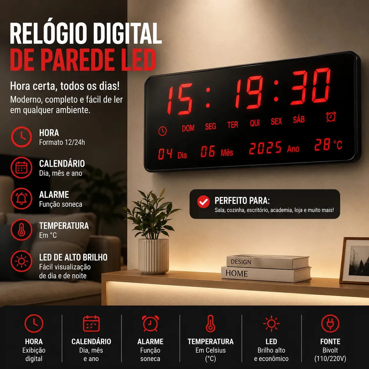 Relógio Digital de Parede LED Grande 36cm Preto Shopclic Calendário Data Hora 12/24h Termômetro Temperatura Alarme com Soneca Bivolt 110/220v para Sala Cozinha Academia Igreja e Co