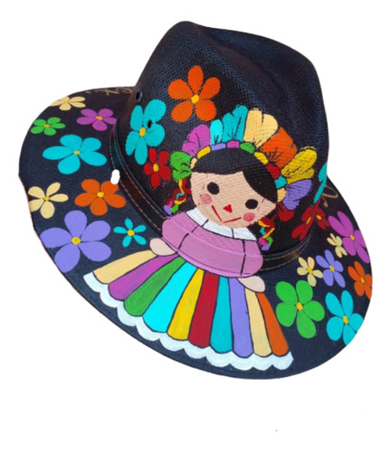 Sombrero De Lona Tipo Indiana Pintado A Mano María En Negro