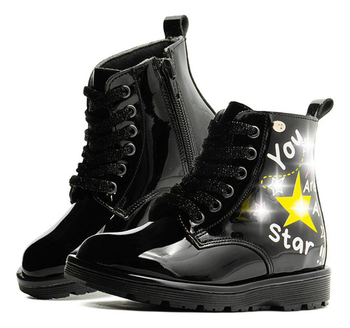 Bota Coqueta Para Niña Charol Negro Con Luces Led Estrellita