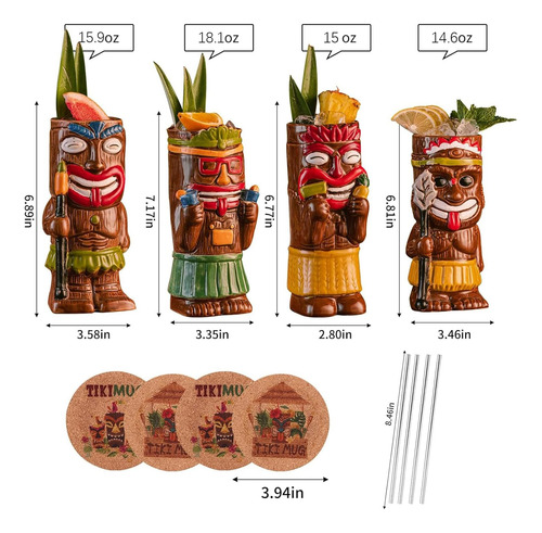 Juego De 4 Tazas De Cóctel Tiki Con Posavasos Y Popotes De C