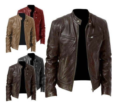 Chaqueta Forrada For Hombres Cuero Con Cremallera