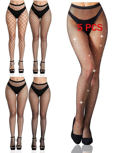 5 Pares Medias Sexy De Red Para Mujer Con Pedrería Y Cristal