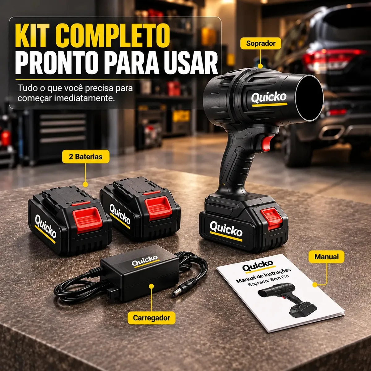 Soprador Turbo Portátil Quicko 48V 1050 W com 2 Baterias de 2 Ah 210 km/h Preto · foto 3