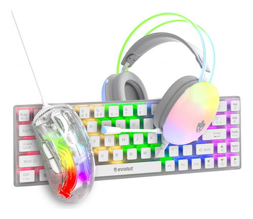 Kit Teclado Mecânico Mouse 7200 Dpi Fone Headset Iluminação Rainbow Rgb Lumini Translucido Branco Abnt2 Switch Azul